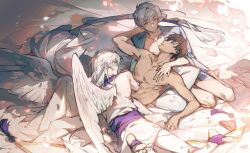 3boys angel_wings arm_up barefoot blue_shirt brown_hair cardcaptor_sakura collarbone commentary e_(h798602056) eye_contact feathered_wings glasses grey_hair hand_on_another&#039;s_chest hand_on_another&#039;s_neck head_back highres kinomoto_touya lapels long_hair looking_at_another male_focus multiple_boys nipples notched_lapels open_clothes open_shirt pectorals pillow purple_sash robe round_eyewear sash shirt sitting symbol-only_commentary topless_male tsukishiro_yukito under_covers white_robe white_wings wings yaoi yokozuwari yue_(cardcaptor_sakura)