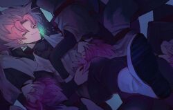 Rule 34 | 6+boys, black bodysuit, black pants, bodysuit, boots, clone, dougi, dragon ball, dragon ball super, earrings, goku black, grey eyes, jewelry, leg up, long sleeves, looking at viewer, multiple boys, pants, pink hair, potara earrings, red sash, rz pasta, saiyan, sash, sleeping, sleeping on person, smirk, spiked hair, super saiyan, super saiyan rose, white footwear