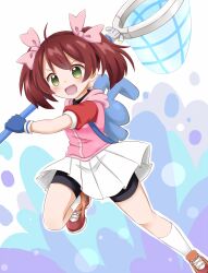 1girl backpack bag bike_shorts bike_shorts_under_skirt black_shorts blue_gloves brown_hair brown_shoes gloves green_eyes hachimi jacket legs long_hair net open_mouth pink_jacket pleated_skirt ribbon running saru_getchu sayaka_(saru_getchu) shoes short_sleeves shorts shorts_under_skirt skirt smile socks solo thighs twintails white_skirt white_socks wind wind_lift