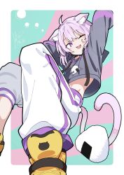 1girl :3 absurdres ahoge animal_ear_fluff animal_ears black_hoodie cat_ears cat_girl cat_tail fang hanten_(hantennano) highres hololive hood hoodie looking_at_viewer nekomata_okayu nekomata_okayu_(1st_costume) one_eye_closed pants purple_eyes purple_hair shoes short_hair skin_fang smile solo tail virtual_youtuber white_pants yellow_shoes