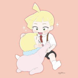 Rule 34 | 1boy, 1girl, :d, absurdres, aged down, ahoge, black shorts, blonde hair, brother and sister, collared shirt, commentary request, gladion (pokemon), green eyes, hand on another&#039;s arm, headpat, highres, hiyokko2min, knees, lillie (pokemon), necktie, nintendo, onesie, open mouth, pacifier, pink background, pokemon, pokemon (anime), pokemon sm (anime), red necktie, shirt, short hair, shorts, siblings, signature, sitting, smile, socks, sparkle, suspenders, tongue, white shirt, white socks