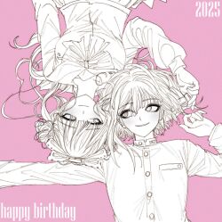 1boy 1girl bow brother_and_sister double_bun greyscale_with_colored_background hair_bun happy_birthday highres jacket long_hair looking_at_another outstretched_arm pink_background sailor_collar shirt short_hair siblings smile takumi_go_lucky the_hundred_line_-last_defense_academy- tsukumo_ima tsukumo_kako twins twintails upper_body