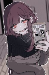 1girl 773owo :d aegyo_sal asahi_breweries black_eyeliner black_nails black_sweater bright_pupils brown_sweater cellphone cellphone_charm character_request charm_(object) dusknoir earrings eyeliner fangs gen_1_pokemon gen_4_pokemon gengar head_tilt highres holding holding_phone jewelry long_hair long_sleeves looking_at_object makeup mole mole_under_eye multiple_earrings nail_art nail_polish necklace nintendo open_mouth original phone pokemon purple_hair red_eyes ribbed_sweater side_ponytail smartphone smile spike_piercing sticker sweater swept_bangs two-tone_sweater upper_body white_pupils