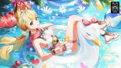 Rule 34 | 1girl, alice thymefield, alice thymefield (sea of thyme), animal ears, artist request, bare shoulders, beach volleyball, blonde hair, braid, breasts, cleavage, crossed legs, hair ornament, heterochromia, highres, large breasts, long hair, looking at viewer, low twintails, official alternate costume, outdoors, parted lips, rabbit ears, rabbit girl, red eyes, sandals, second-party source, solo, swim ring, swimsuit, thigh strap, twintails, very long hair, white sandals, yellow eyes, zenless zone zero