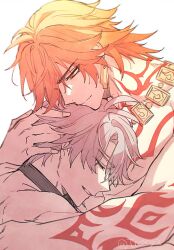 Rule 34 | 2boys, black choker, choker, closed mouth, grey hair, grin, half-closed eyes, highres, honkai: star rail, honkai (series), hug, male focus, medium hair, multiple boys, muscular, muscular male, mydei (honkai: star rail), orange eyes, orange hair, phainon (honkai: star rail), short hair, simple background, smile, teeth, topless male, toriyoshi, twitter username, upper body, white background, yaoi