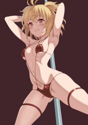 1girl absurdres andira_(granblue_fantasy) armpits arms_up bikini blonde_hair breasts granblue_fantasy highres loli medium_breasts medium_hair micro_bikini navel orange_eyes pole_dancing sirano solo swimsuit thigh_strap two_side_up