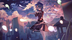 Rule 34 | 1girl, black sky, blue eyes, blue hair, blue hat, cloud, commentary request, feet out of frame, grave, hat, hat ornament, hitodama, miyako yoshika, night, night sky, ofuda, ofuda on head, oito (bowstringsmall), outdoors, outstretched arms, red shirt, red skirt, shirt, short hair, short sleeves, skirt, sky, solo, sotoba, standing, star (symbol), star hat ornament, touhou, tree, twitter username, zombie pose