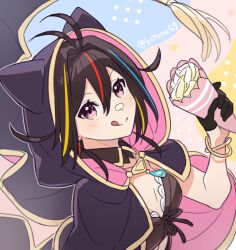 Rule 34 | 1girl, :d, absurdres, animal ears, antenna hair, blue streaks, blush, bracelet, brown hair, cat ears, cloak, collar, eruca crawford, food, food on face, frilled shirt, frills, gold bracelet, highres, holding, holding food, hood, hooded cloak, icing, jewelry, konyaku haki sareta reijou wo hirotta ore ga ikenai koto wo oshiekomu, looking at viewer, multicolored hair, non-web source, open mouth, pastry, pastry bag, pink eyes, red streaks, shirt, smile, streaked hair