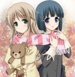 00s 2girls blue_eyes blush chio chisato_(missing_park) green_eyes kagome long_sleeves maruko_tv multiple_girls scarf shared_clothes shared_scarf strawberry_panic! stuffed_animal stuffed_toy teddy_bear yuri