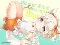 Rule 34 | 1girl, bad id, bad pixiv id, bare shoulders, bike shorts, blue eyes, bow, breasts, character name, claws, closed mouth, commentary request, dragon girl, dragon horns, dragon tail, dragon wings, english text, female focus, gloves, hair bow, hairband, horns, looking at viewer, lying, meopun (meopen429), mini wings, myr (p&amp;d), on back, orange bow, orange hairband, orange shorts, puzzle &amp; dragons, scales, shirt, short shorts, shorts, silver hair, sleeveless, sleeveless shirt, small breasts, solo, tail, twitter username, white gloves, white shirt, white wings, wings
