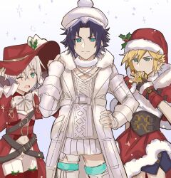 3boys aerith_gainsborough aerith_gainsborough_(cosplay) aged_down alternate_costume belt belt_skirt black_hair blonde_hair blue_background blue_eyes blue_shorts boots bow bowtie brown_gloves capelet choker christmas cloud_strife coat corset cosplay costume_switch crop_top cropped_jacket crossdressing crossdressing_(mtf) crossed_belts eating final_fantasy final_fantasy_vii final_fantasy_vii_ever_crisis fingerless_gloves frilled_sleeves frills fur-trimmed_capelet fur-trimmed_gloves fur-trimmed_skirt fur_choker fur_trim gingerbread gingerbread_man gloves gradient_background green_eyes grey_hair hair_ornament hand_on_headwear hand_on_own_hip hand_up hat holly holly_hair_ornament jacket keiseki1 light_smile long_coat long_sleeves looking_at_viewer looking_down male_focus midriff multiple_belts multiple_boys navel one_eye_closed open_clothes open_coat open_jacket open_mouth pants red_capelet red_gloves red_jacket red_skirt ribbed_sweater sabotender santa_hat sephiroth sephiroth_(ever_crisis) short_hair shorts simple_background skirt smile sparkle standing sweater thigh_boots tifa_lockhart tifa_lockhart_(cosplay) upper_body white_belt white_choker white_coat white_gloves white_headwear white_pants white_sweater wide_brim winter zack_fair
