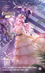 Rule 34 | 1girl, artist request, bare arms, bare shoulders, black bow, blue flower, bow, brown eyes, cake, chain, character name, choker, closed mouth, collarbone, copyright name, cupcake, dreamy cake (shining nikki), dress, earrings, english text, floating clothes, floating hair, flower, food, food-themed hair ornament, frilled dress, frills, full body, gold earrings, gown, hair bow, hair bun, hair ornament, hand up, hanging plant, happy, happy birthday, heart, heart choker, heart earrings, highres, jewelry, large bow, lavender (flower), light blush, logo, long dress, long hair, looking at object, night, nikki (nikki), nikki (series), object floating above hand, official art, palm leaf, pink hair, purple flower, second-party source, shining nikki, single side bun, sleeveless, sleeveless dress, smile, solo, stairs, star (symbol), very long hair, waist bow, walking, wavy hair, wrist bow, yellow bow, yellow choker, yellow dress