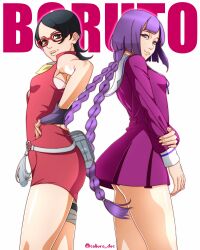 2girls absurdres armpits back-to-back belt black_eyes boruto:_naruto_next_generations braid breasts copyright_name cowboy_shot cowlick dress fingerless_gloves gloves hand_on_own_hip highres holding_own_arm kakei_sumire long_hair long_sleeves looking_at_viewer looking_to_the_side low_twin_braids multiple_girls naruto_(series) neckerchief no_pupils parted_lips purple_dress purple_eyes red-framed_eyewear red_dress saburo_des sailor_dress short_dress short_hair sleeveless sleeveless_dress small_breasts thighs twin_braids twitter_username uchiha_sarada white_background yellow_neckerchief