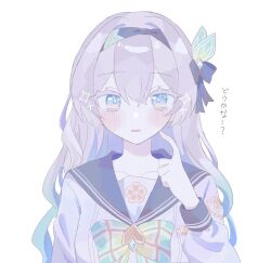 1girl black_hairband blush bow bowtie c0oo77 checkered_bow checkered_bowtie checkered_clothes firefly_(honkai:_star_rail) firefly_(spring_missive)_(honkai:_star_rail) green_bow green_bowtie green_pupils grey_hair grey_sailor_collar hair_between_eyes hair_intakes hair_ornament hair_ribbon hairband hand_on_own_chin highres honkai:_star_rail honkai_(series) multicolored_eyes open_mouth ribbon sailor_collar shirt simple_background solo sparkle star_(symbol) white_background white_shirt