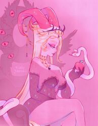 1girl animalization apple bare_legs black_crown black_gloves blonde_hair blush_stickers breasts closed_mouth crossed_legs crown curled_horns demon_girl demon_horns dress elbow_gloves eyeshadow food forked_tongue fruit gloves gold_necklace hair_slicked_back hat hazbin_hotel highres holding holding_food holding_fruit horn_ornament horns huge_horns jewelry katiameraki lace lace-trimmed_dress lace-trimmed_gloves lace_trim large_breasts lilith_(hazbin_hotel) long_hair long_horns lucifer_morningstar_(hazbin_hotel) makeup necklace person_and_animalization pink_background pink_eyeshadow pink_horns pink_lips pink_theme sidelocks sitting snake solo sparkle tongue undershirt very_long_hair white_hat white_snake