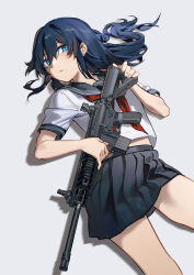 1girl black_sailor_collar black_skirt blue_eyes blue_hair closed_mouth gun highres holding holding_gun holding_weapon long_hair lying neckerchief on_back original pleated_skirt red_neckerchief rff_(3_percent) rifle sailor_collar school_uniform serafuku shirt simple_background skirt solo weapon weapon_request white_background white_shirt