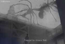Rule 34 | 1boy, alpaca connect, building, commentary request, commission, english text, extra arms, faceless, film grain, giant, giant monster, grey sky, grey theme, highres, horror (theme), kohata (kohatazuke), long sleeves, looking up, monster, official art, original, railing, shirt, sky, tokyo insomnia