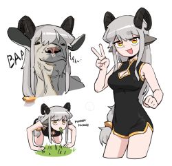 1girl :d all_fours animal animal_ears bolt_(min_lona) breasts china_dress chinese_clothes cleavage cleavage_cutout clenched_hand clothing_cutout cropped_legs dress eating eating_grass english_text gazuwu goat goat_ears goat_girl goat_horns grass grey_hair horizontal_pupils horns long_hair low-tied_long_hair open_mouth original sidelocks simple_background sleeveless sleeveless_dress smile v white_background yellow_eyes