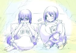 10s 2girls akemi_homura bad_id bad_twitter_id bed blush grin long_hair mahou_shoujo_madoka_magica mahou_shoujo_madoka_magica_(anime) miki_sayaka monochrome multiple_girls no hugging_object pajamas pillow pillow_hug short_hair sitting smile torakichi37 yes yes-no_pillow
