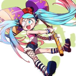 1girl ahoge aqua_eyes aqua_hair aqua_nails artistic_error backdrop belt belted_shorts blue_boots blue_shorts blurry boots child commentary_request denim denim_shorts eyelashes eyepatch flame_print gradient_hair gungho hammer highres holding holding_hammer holding_weapon knee_boots kushabiria lone_nape_hair long_hair looking_to_the_side lucy_(ninjala) medical_eyepatch multicolored_hair ninjala official_art one_eye_covered parted_bangs pink_hair pink_shirt print_shirt red_belt shirt shoe_soles shoes shorts simple_background single_bare_arm single_bare_shoulder single_fishnet_armwear single_fishnet_legwear sk8_hammer_(ninjala) skinny sleeveless sleeveless_shirt smile solo spiked_hair_ornament star_(symbol) striped_wristband teeth torn_clothes torn_shorts twintails twintails_day two-tone_hair two-tone_shirt upper_teeth_only very_long_hair weapon white_background white_shirt white_sleeves wrestling_boots wristband