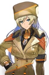 1girl ashiomi_masato blonde_hair blue_eyes breasts closed_mouth fingerless_gloves fur_hat gloves guilty_gear guilty_gear_strive hat long_hair looking_at_viewer millia_rage orange_hat simple_background smile solo white_background