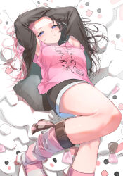 1girl absurdres black_hair black_jacket black_shorts closed_mouth forehead highres jacket long_sleeves looking_at_viewer lying multicolored_hair oa_(or_12o) on_back open_clothes open_jacket pink_hair pink_shirt shirt short_shorts shorts smile socks solo striped_clothes striped_socks stuffed_toy tachibana_hinano thighs two-tone_hair virtual_youtuber vspo!