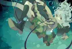 Rule 34 | 1girl, air bubble, aqua background, black boots, black hat, black socks, boots, bubble, collar, floating, floating hair, floral print, floral print skirt, foot out of frame, frilled sleeves, frills, green collar, green eyes, green skirt, hat, hat ribbon, heart ornament, heasil, komeiji koishi, light rays, long sleeves, looking to the side, print skirt, ribbon, shirt, skirt, socks, solo, third eye, touhou, underwear, unworn hat, unworn headwear, yellow ribbon, yellow shirt