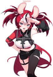 1girl :d absurdres animal_ear_fluff animal_ears asymmetrical_clothes belt black_belt black_hair black_pants blue_eyes center_frills collared_shirt colored_tips commentary cropped_shirt crossed_bangs detached_sleeves double-parted_bangs english_commentary fang frills garter_straps hair_between_eyes hakos_baelz hand_on_own_hip highres hololive hololive_english hololive_idol_uniform_(color_rise) idol_clothes leaning_forward looking_at_viewer midriff mouse_ears mouse_girl mouse_tail multicolored_hair multicolored_shirt namiorii navel official_alternate_costume open_mouth pants puffy_detached_sleeves puffy_short_sleeves puffy_sleeves red_hair red_shirt salute shirt short_sleeves simple_background single_detached_sleeve single_garter_strap single_pantsleg single_sleeve smile streaked_hair tail textless_version thigh_strap three-quarter_sleeves twintails uneven_twintails virtual_youtuber white_background white_hair white_shirt