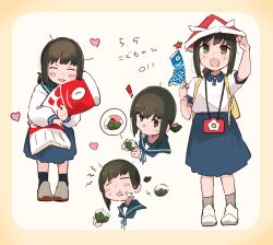 ! 1girl aged_down artist_logo back-to-back black_hair blue_skirt brown_eyes cursor food fubuki_(kancolle) fubuki_(maizuru)_(kancolle) full_body highres kantai_collection koinobori logo low_ponytail ma_rukan mochi multiple_views paper_hat paper_kabuto polo_shirt ponytail sakura_mochi school_uniform serafuku shirt short_ponytail sidelocks skirt standing upper_body wagashi white_shirt windsock