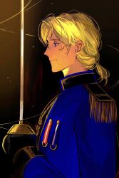 1boy award_ribbon axis_powers_hetalia black_background blonde_hair blue_eyes blue_jacket epaulettes france_(hetalia) gloves high_collar highres holding holding_sword holding_weapon jacket long_sleeves low_ponytail male_focus medal medium_hair military military_jacket military_uniform ponytail profile purple_eyes smile solo sword upper_body wanlaijuji132 weapon