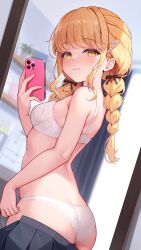 1girl ass black_skirt blonde_hair blush bra braid breasts cellphone fujita_kotone gakuen_idolmaster hair_ornament highres holding holding_phone idolmaster indoors long_hair panties phone pinki_o64 pleated_skirt skirt smile twin_braids underwear white_bra white_panties yellow_eyes
