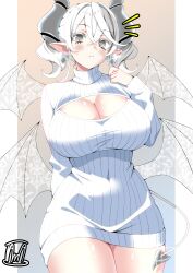 Rule 34 | 1girl, absurdres, breasts, cleavage, cleavage cutout, clothing cutout, cowboy shot, demon girl, demon horns, demon tail, demon wings, drill hair, duel monster, earrings, grey eyes, grey hair, highres, horns, jewelry, large breasts, lovely labrynth of the silver castle, pointy ears, solo, sweater, tail, tama amata, transparent wings, twin drills, white sweater, white wings, wings, yu-gi-oh!