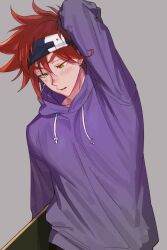 Rule 34 | 1boy, arm behind head, grey background, hair between eyes, headband, holding, holding skateboard, hood, hoodie, kyan reki, light blush, long sleeves, looking down, male focus, open mouth, purple hoodie, red hair, short hair, sk8 the infinity, skateboard, solo, upper body, wwrin sk8, yellow eyes