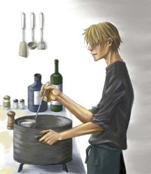 1boy blonde_hair bottle chef cooking cooking_pot kitchen ladle lowres male_focus one_piece pepper_(spice) pyroxxxxx salt sanji_(one_piece) solo