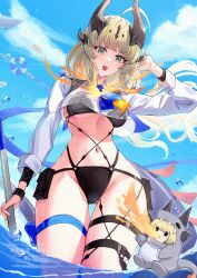 1girl ahoge aoi_tooru arknights bikini black_bikini blonde_hair blue_sky breasts commentary_request crop_top dragon_girl dragon_horns dragon_tail green_eyes highres horns innertube large_breasts navel official_alternate_costume outdoors partially_submerged reed_(arknights) reed_the_flame_shadow_(arknights) reed_the_flame_shadow_(summer_flower)_(arknights) see-through_clothes sky stomach swim_ring swimsuit tail thigh_strap thighs water