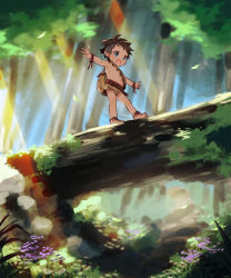 1boy bag balancing barefoot blue_eyes child flower forest highres light_rays log male_focus nature nemui_(nemuriyagi) open_mouth original outdoors outstretched_arms shoulder_bag solo spread_arms tan tree tribal undercut