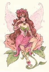 Rule 34 | breasts, brown hair, disney fairies (movie series), dress, fairy, fairy wings, fantasy, fashion, highres, kuridel, long hair, mini person, minigirl, pointy footwear, rosetta (disney), simple background, smile, very long hair, wings