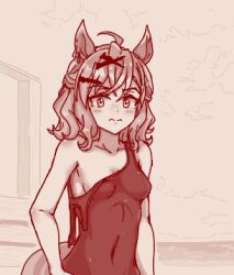 1girl ahoge animal_ears breasts brown_theme closed_mouth commentary_request hair_ornament horse_ears horse_girl horse_tail jungle_pocket_(umamusume) looking_at_viewer lowres medium_hair monochrome one-piece_swimsuit shiodanx small_breasts solo swimsuit tail umamusume upper_body x_hair_ornament