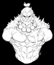 Rule 34 | 1boy, akuma (street fighter), bead necklace, beads, beard, black background, black sclera, bright pupils, closed mouth, colored sclera, commentary, cropped torso, dated, english commentary, facial hair, frown, ginseng (xin), greyscale, high ponytail, highres, jewelry, looking at viewer, male focus, monochrome, muscular, muscular male, necklace, pectorals, ponytail, short ponytail, signature, simple background, sketch, solo, street fighter, street fighter 6