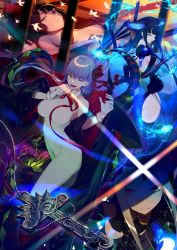 4girls ;d abigail_williams_(fate) abigail_williams_(second_ascension)_(fate) absurdres animal_ears ass bb_(fate) bb_(swimsuit_mooncancer)_(fate) bb_(swimsuit_mooncancer)_(third_ascension)_(fate) black_cape black_dress black_hair blonde_hair blue_eyes blue_fire bow breasts cape commentary_request corruption dark_persona diffraction_spikes dress evil_smile fantasy fate/grand_order fate_(series) finger_to_mouth fire floor gloves grin groin hair_bow highres index_finger_raised katsushika_hokusai_(fate) katsushika_hokusai_(third_ascension)_(fate) kurogiri large_breasts leotard long_hair lying medium_breasts multiple_girls neck_ribbon nyarlathotep on_back one_eye_closed open_mouth polearm possessed possession purple_eyes purple_hair red_bow red_eyes red_ribbon ribbon shaded_face shushing sideboob sidelocks skin_tight sleeveless small_breasts smile sunlight tail trait_connection weapon white_gloves white_leotard wink yang_guifei_(fate) yang_guifei_(third_ascension)_(fate) yog-sothoth