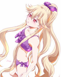 1girl artist_name bikini blonde_hair bow breasts double-parted_bangs earrings eiyuu_densetsu front-tie_bikini_top front-tie_top hair_bow hajimari_no_kiseki jewelry long_hair ponytail purple_bikini red_eyes roselia_millstein sen_no_kiseki sen_no_kiseki_(series) sen_no_kiseki_iv side-tie_bikini_bottom simple_background small_breasts solo swimsuit very_long_hair white_background xiacheng_tatsuya