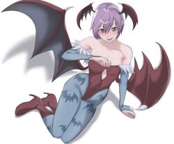 1girl :d absurdres arm_support blue_pantyhose blush boots breasts bridal_gauntlets capcom cleavage covered_navel darkstalkers demon_girl demon_wings elbow_gloves fang female_focus full_body gloves head_wings high_heel_boots high_heels highres leotard lilith_(darkstalkers) looking_at_viewer musuhi open_mouth pantyhose purple_hair red_boots red_eyes red_leotard short_hair simple_background sitting small_breasts smile solo teeth upper_teeth_only white_background wings