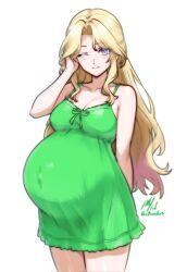 1girl bare_shoulders blonde_hair blush breasts celes_chere cleavage collarbone final_fantasy final_fantasy_vi green_nightgown highres long_hair looking_at_viewer medium_breasts nightgown one_eye_closed pregnant rotomdocs signature smile solo spaghetti_strap twitter_username white_background