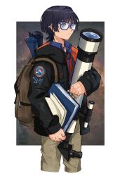 1boy absurdres alternate_costume backpack bag black_hair black_jacket blue_eyes blue_shirt blunt_ends book brown_bag brown_pants closed_mouth dintoge genshin_impact glasses hair_between_eyes highres holding holding_book holding_paper holding_telescope jacket long_sleeves male_focus map_(object) pants paper scaramouche_(genshin_impact) shirt short_hair solo telescope