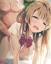 1boy 1girl absurdres all_fours asou_(asabu202) blurry blurry_background blush bow bowtie breasts brown_hair clothed_female_nude_male commentary_request doggystyle downblouse drooling fat fat_man hair_bun hetero highres long_hair loose_bowtie love_live! love_live!_school_idol_project medium_breasts minami_kotori nipples no_bra nude open_clothes open_mouth open_shirt otonokizaka_school_uniform panties panties_around_leg pink_panties rape school_uniform sex sex_from_behind short_sleeves solo_focus summer_uniform sweat torso_grab underwear