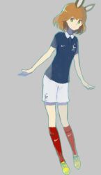 1girl 2014_fifa_world_cup amelie_planchard animal_ears bad_id bad_pixiv_id brown_hair female_focus france green_eyes rabbit_girl shirono_kuma shirt shorts soccer soccer_uniform socks solo sportswear strike_witches strike_witches:_katayoku_no_majo-tachi world_cup world_witches_series
