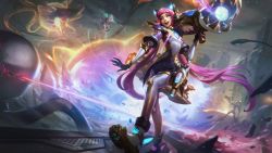1girl absurdres alien animal_ears animal_hands ashes battle battle_bunny_miss_fortune battle_cat_jinx bell bodysuit boots cat cat_ears cat_paws city closed_eyes collar elbow_gloves energy_gun explosion eyeshadow felipemartini future gloves gun highres jacket jinx_(league_of_legends) league_of_legends light_rays long_hair m1_bazooka machine_gun makeup miss_fortune_(league_of_legends) monster neck_bell octopus official_art open_clothes open_jacket open_mouth pants prestige_battle_cat_jinx purple_hair rabbit ray_gun road rocket_launcher smile solo street tiger_stripes war weapon