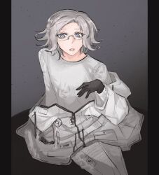 1boy aotsuki_eito black_border black_gloves blue_eyes border eyelashes glasses gloves grey_background hand_up jacket long_sleeves looking_at_viewer male_focus open_mouth parted_hair shirt solo solo_focus the_hundred_line_-last_defense_academy- unworn_jacket white_hair white_jacket white_shirt