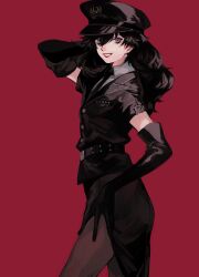 1boy amamiya_ren arm_up belt black_belt black_gloves black_hat black_jacket black_necktie black_skirt border brown_pantyhose collared_shirt crossdressing elbow_gloves feet_out_of_frame from_side gloves grey_eyes hair_between_eyes hand_on_own_hip hat highres jacket lips long_hair looking_at_viewer male_focus necktie official_alternate_costume pantyhose persona persona_5 persona_5:_dancing_star_night persona_dancing police police_hat police_uniform red_background saichuu_(more1208) shirt short_sleeves side_slit simple_background skirt smile solo trap upper_body wavy_hair white_border