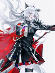 1girl :d absurdres animal_ears aqua_eyes arknights black_gloves black_jacket black_skirt blood blood_on_face cape chinese_commentary commentary_request floating_hair gloves grey_background hair_between_eyes hair_ornament hairclip high-waist_skirt highres holding jacket lappland_(arknights) lappland_the_decadenza_(arknights) long_hair long_sleeves looking_to_the_side material_growth open_mouth oripathy_lesion_(arknights) outstretched_arm red_cape red_pupils simple_background sketch skirt smile solo tail turning_head white_hair wolf_ears wolf_girl wolf_tail zhishi_mao_tiao